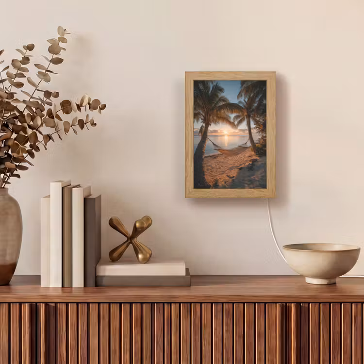 Palmbomen - Hangmat - Strand - Zonsondergang Light Box met kabel (Tafellamp) klein -sfeer2