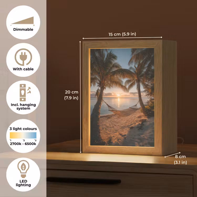 Palmbomen - Hangmat - Strand - Zonsondergang Light Box met kabel (Tafellamp) klein -USP_EN