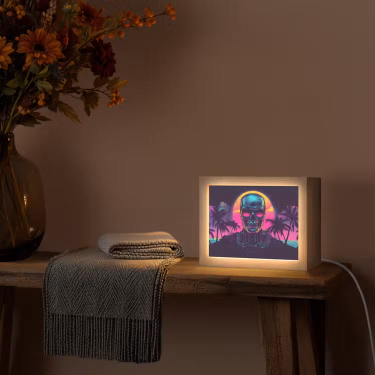 Palmbomen - Hoofd - Metallic - Zonsondergang Light Box met kabel (Tafellamp) klein -sfeer4