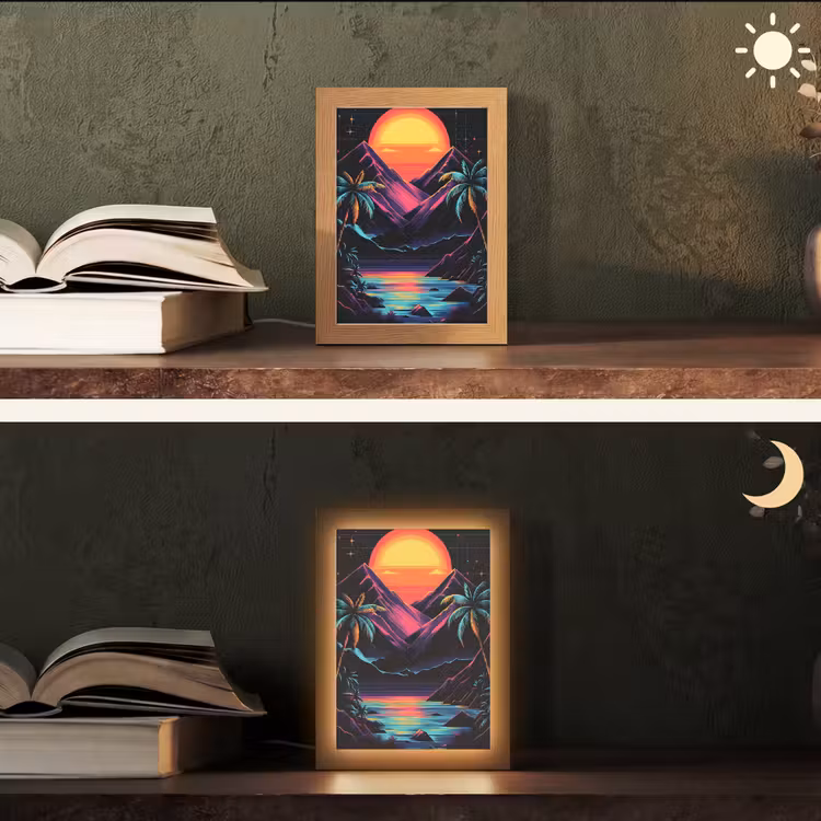Palmbomen - Neonbergen - Sterrenhemel - Zon Light Box met kabel (Tafellamp) klein -sfeer3