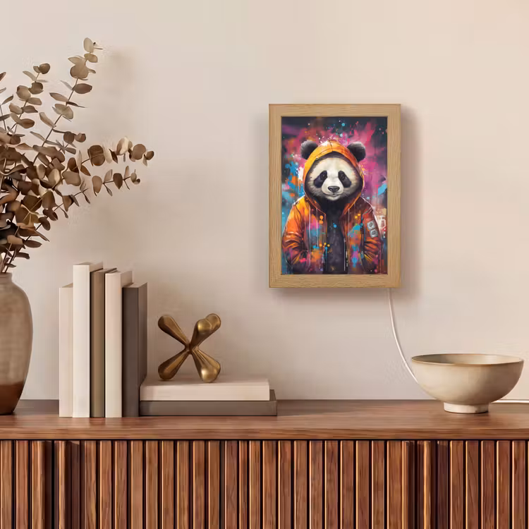 Panda - Jas - Graffiti - Oranje Light Box met kabel (Tafellamp) klein -sfeer2
