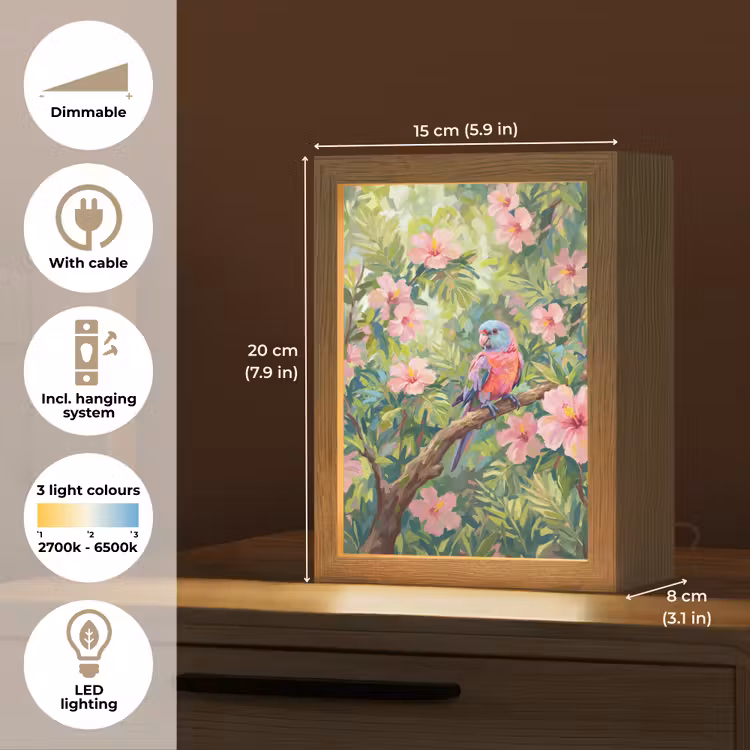 Papagaai - Hibiscusbloemen - Kleurrijk Light Box met kabel (Tafellamp) klein -USP_EN
