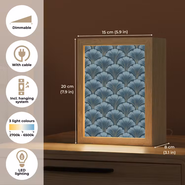 Patroon - Ginkgoblad - Blauw Light Box met kabel (Tafellamp) klein 925 -USP_EN
