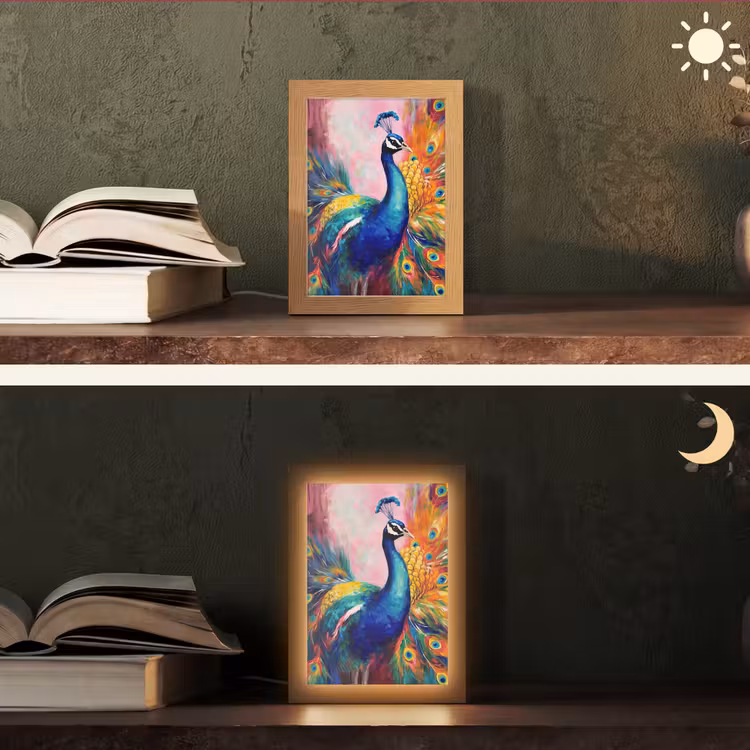 Pauw - Dieren - Schilderij - Regenboog Light Box met kabel (Tafellamp) klein -sfeer3