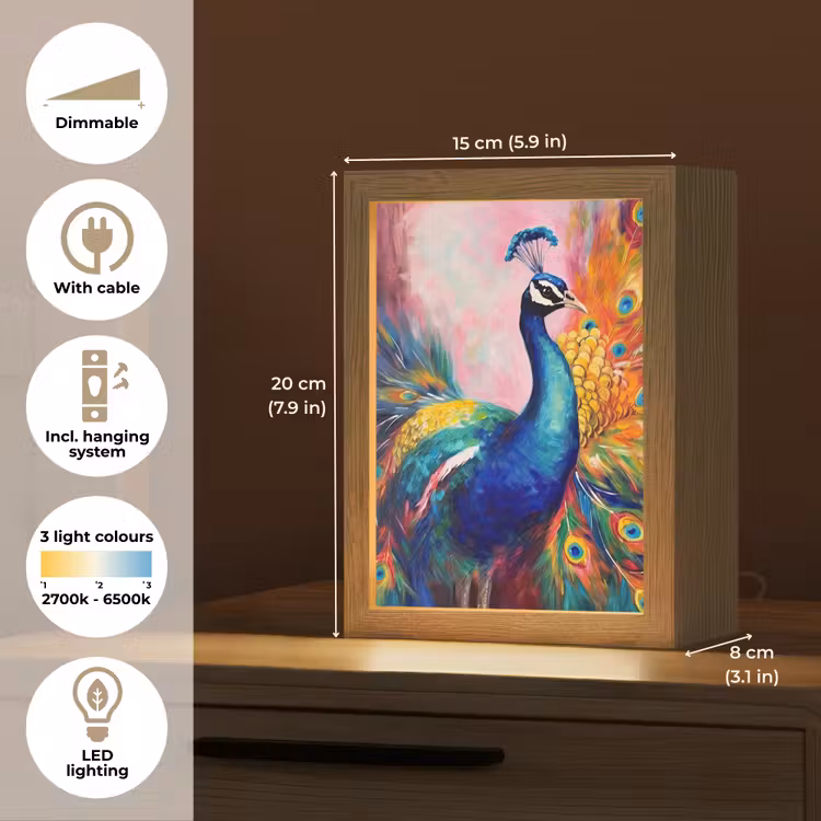 Pauw - Dieren - Schilderij - Regenboog Light Box met kabel (Tafellamp) klein -USP_EN