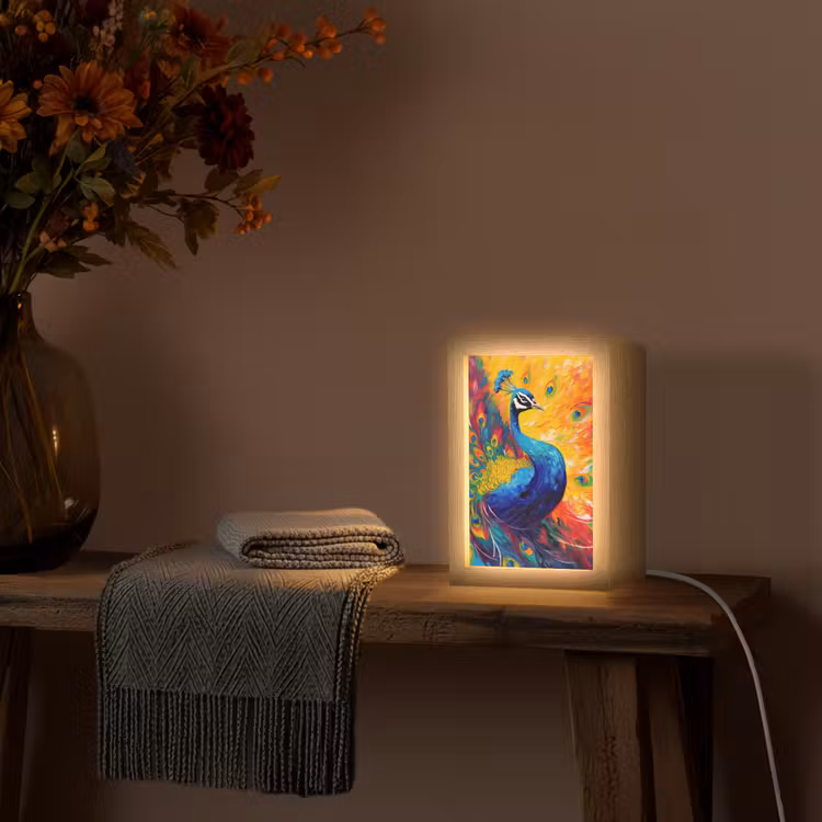 Pauw - Kunst - Schilderij - Pauwenveren Light Box met kabel (Tafellamp) klein -sfeer4