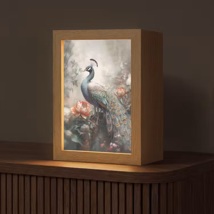 Pauw - Pauwenveren - Vogel - Jungle - Bloemen Light Box met kabel (Tafellamp) klein -z3d_website