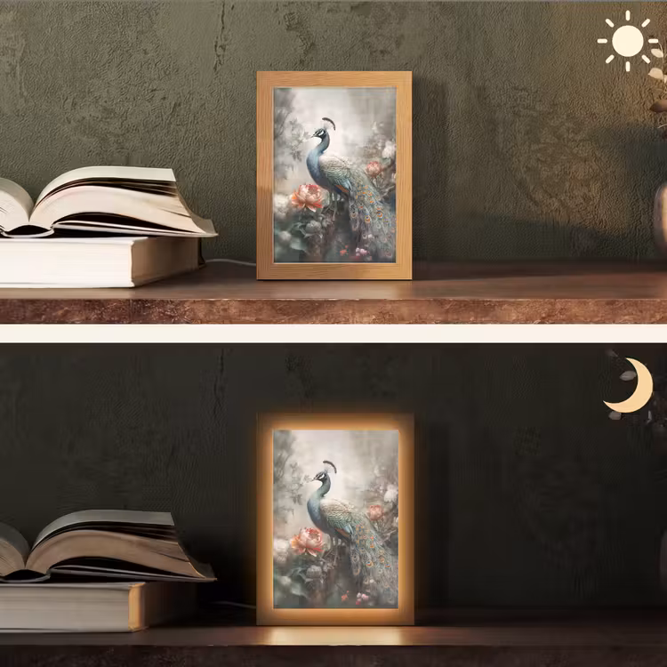 Pauw - Pauwenveren - Vogel - Jungle - Bloemen Light Box met kabel (Tafellamp) klein -sfeer3