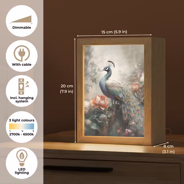 Pauw - Pauwenveren - Vogel - Jungle - Bloemen Light Box met kabel (Tafellamp) klein -USP_EN