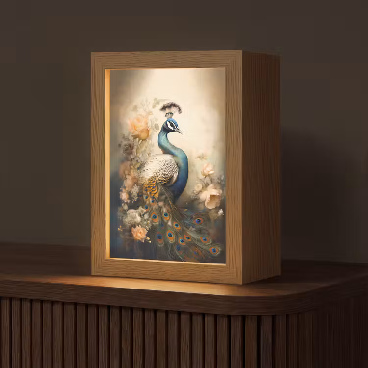 Pauw - Pauwenveren - Bloemen - Vogels - Botanisch Light Box met kabel (Tafellamp) klein -z3d_website