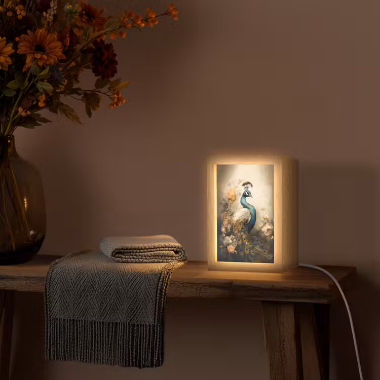 Pauw - Pauwenveren - Bloemen - Vogels - Botanisch Light Box met kabel (Tafellamp) klein -sfeer4