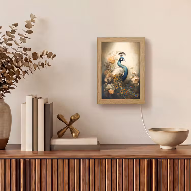 Pauw - Pauwenveren - Bloemen - Vogels - Botanisch Light Box met kabel (Tafellamp) klein -sfeer2
