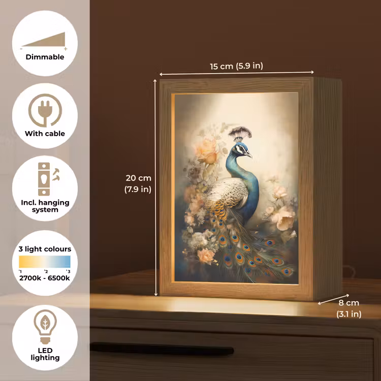 Pauw - Pauwenveren - Bloemen - Vogels - Botanisch Light Box met kabel (Tafellamp) klein -USP_EN