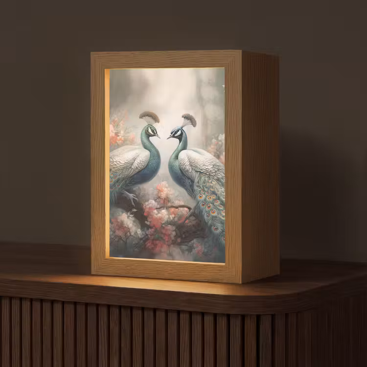 Pauwen - Pauwenveren - Vogels - Bloemen - Natuur Light Box met kabel (Tafellamp) klein -z3d_website