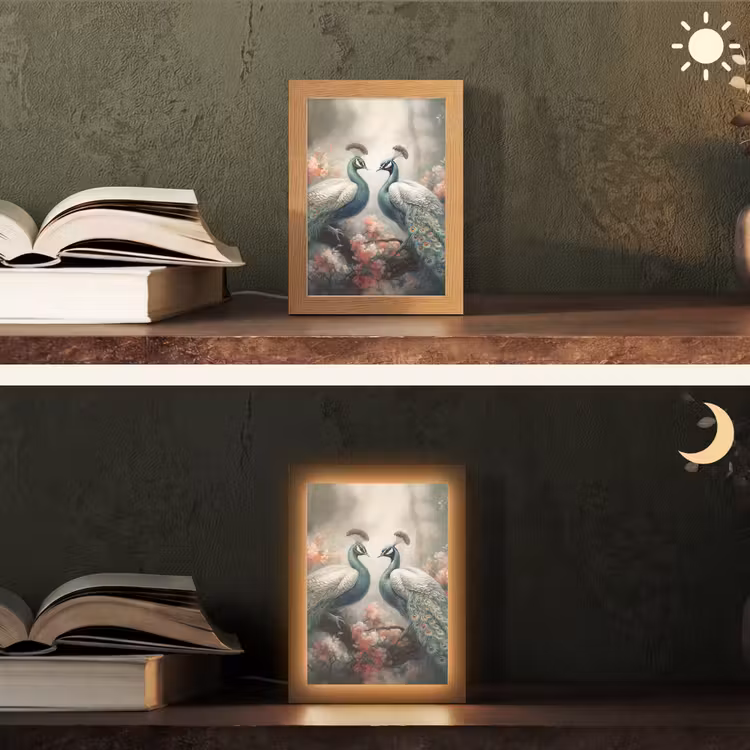 Pauwen - Pauwenveren - Vogels - Bloemen - Natuur Light Box met kabel (Tafellamp) klein -sfeer3