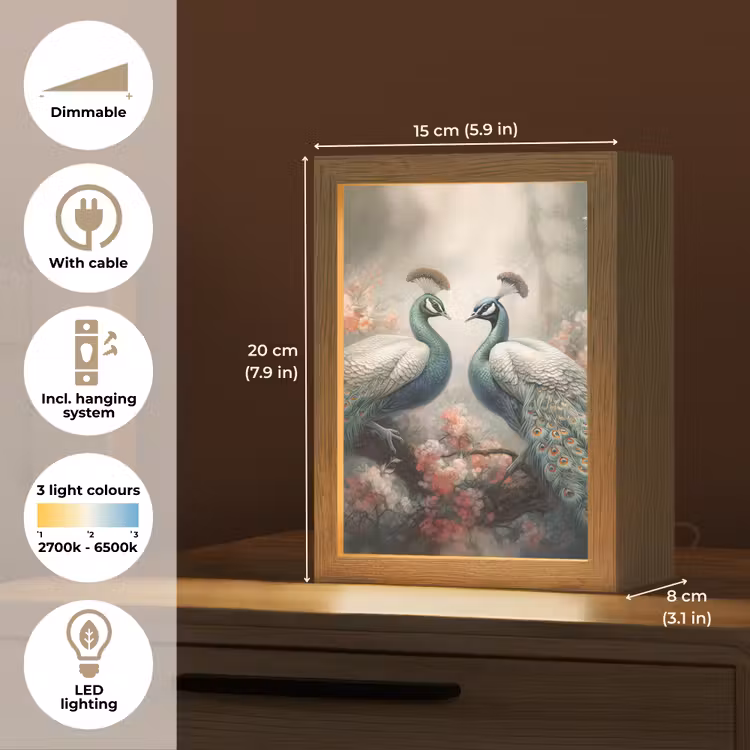 Pauwen - Pauwenveren - Vogels - Bloemen - Natuur Light Box met kabel (Tafellamp) klein -USP_EN
