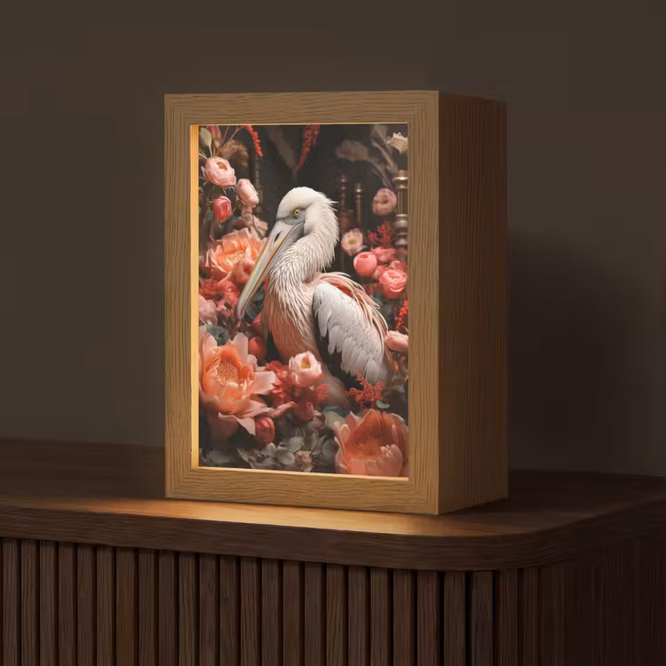 Pelikaan - Dier - Bloemen - Natuur - Botanisch - Roze Light Box met kabel (Tafellamp) klein -z3d_website