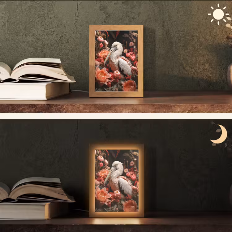 Pelikaan - Dier - Bloemen - Natuur - Botanisch - Roze Light Box met kabel (Tafellamp) klein -sfeer3