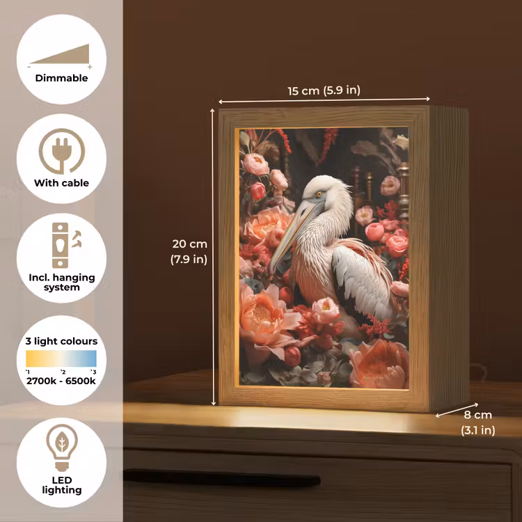 Pelikaan - Dier - Bloemen - Natuur - Botanisch - Roze Light Box met kabel (Tafellamp) klein -USP_EN