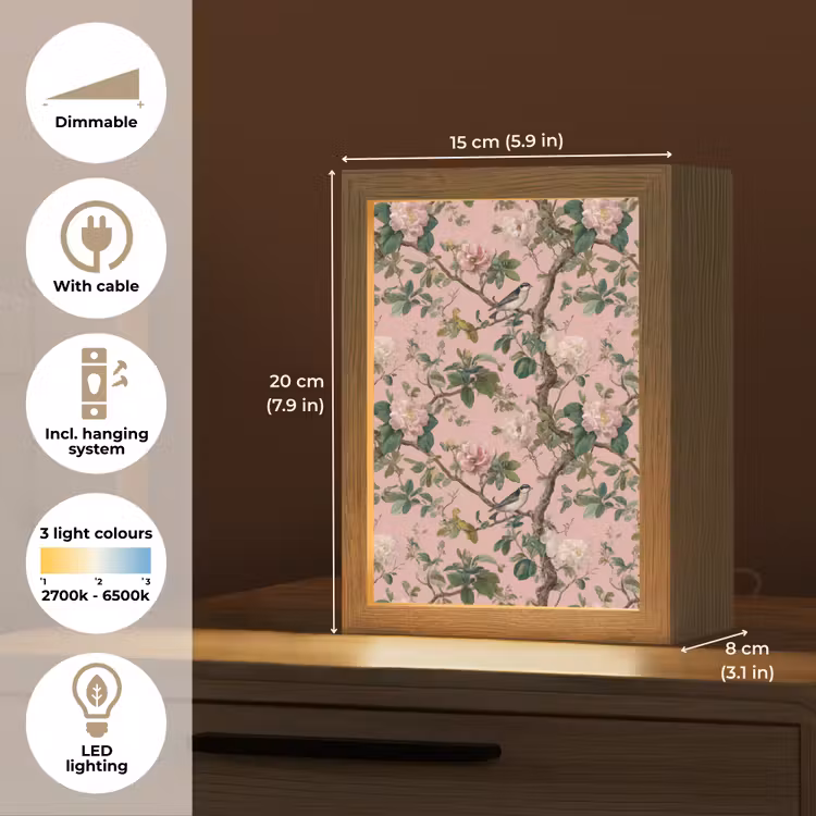 Pioenrozen - Botanisch - Vogel Light Box met kabel (Tafellamp) klein 925 -USP_EN