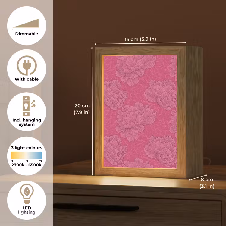 Pioenrozen - Energiek - Roze Light Box met kabel (Tafellamp) klein 925 -USP_EN