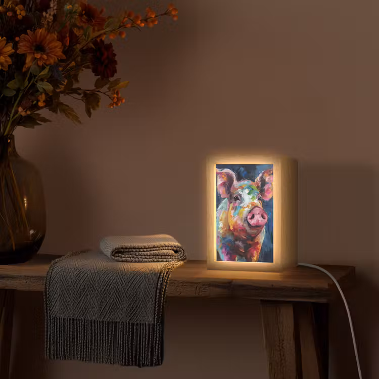 Varken - Olieverf - Dieren - Kunst Light Box met kabel (Tafellamp) klein -sfeer4