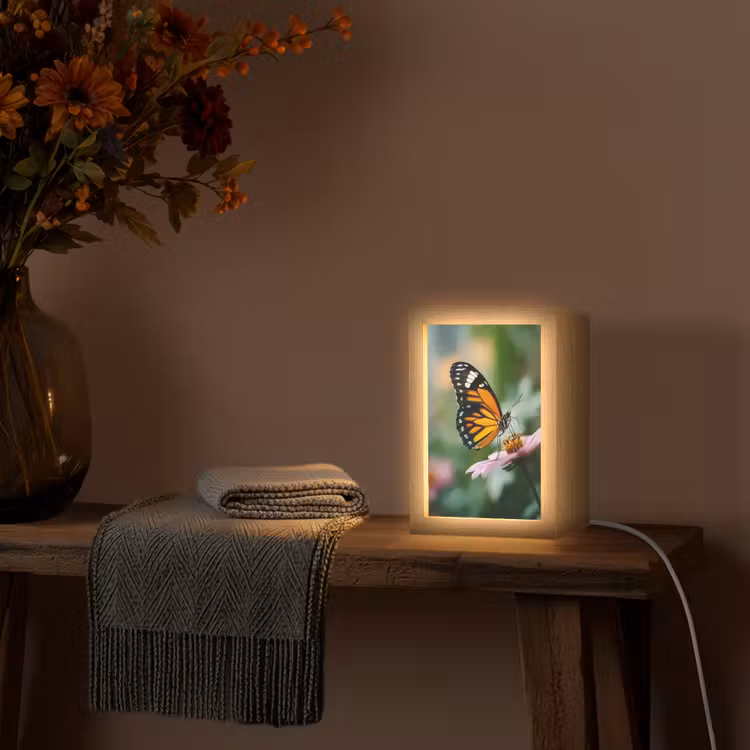 Roze bloemen - Vlinder - Zachte focus Light Box met kabel (Tafellamp) klein -sfeer4