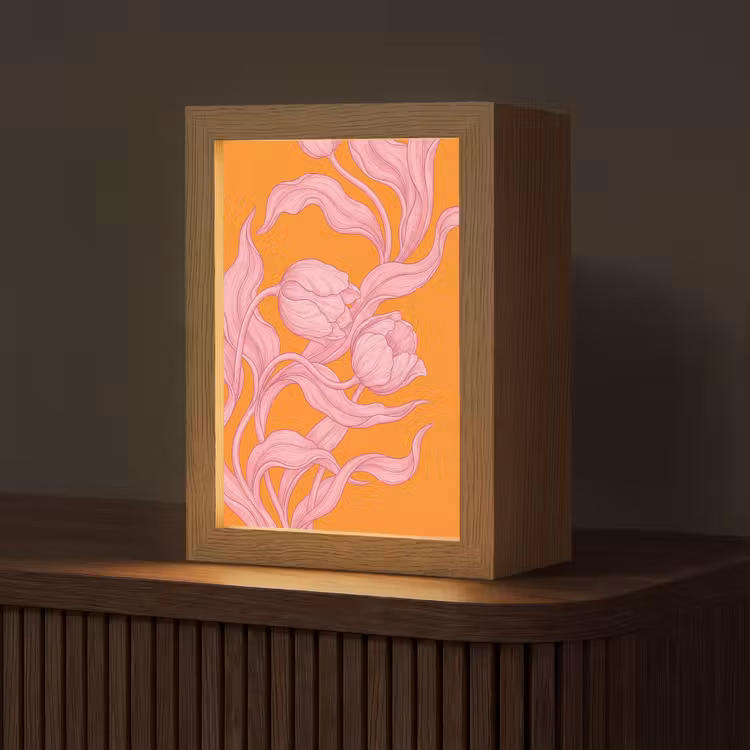 Table Lamp - Pink Flowers - Modern - Roze bloemen - Modern Light Box met kabel (Tafellamp) klein