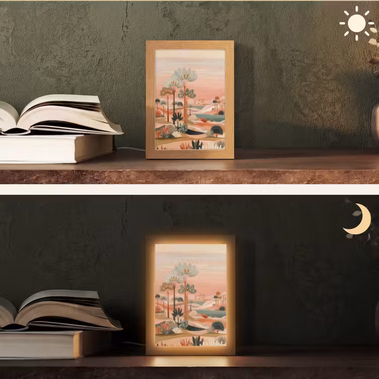 Roze landschap - Palmen - Water Light Box met kabel (Tafellamp) klein -sfeer3