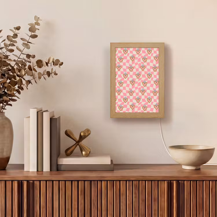 Roze - Retro - Patroon - Geblokt Light Box met kabel (Tafellamp) klein 925 -sfeer2