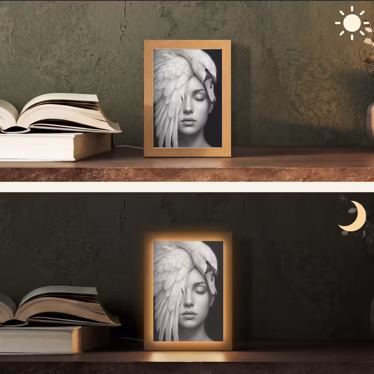 Portret - Zwaan - Zwart - Wit Light Box met kabel (Tafellamp) klein -sfeer3