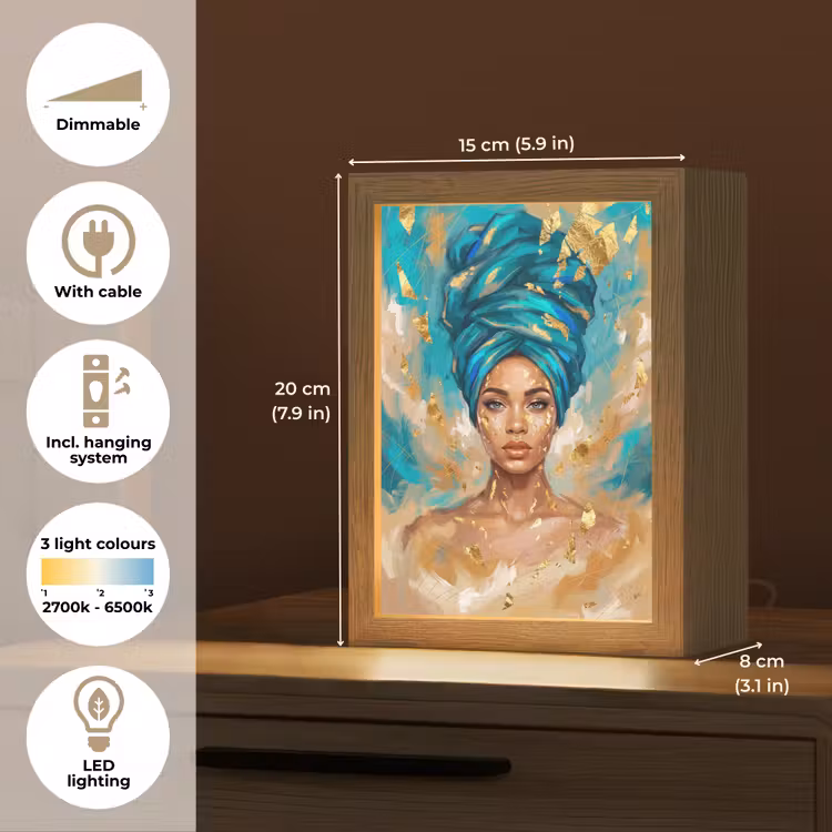 Portret - Vrouw - Schilderij - Blauw - Goud - Expressief Light Box met kabel (Tafellamp) klein -USP_EN