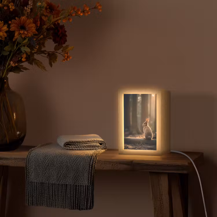 Konijn - Bos - Zonnestralen Light Box met kabel (Tafellamp) klein -sfeer4