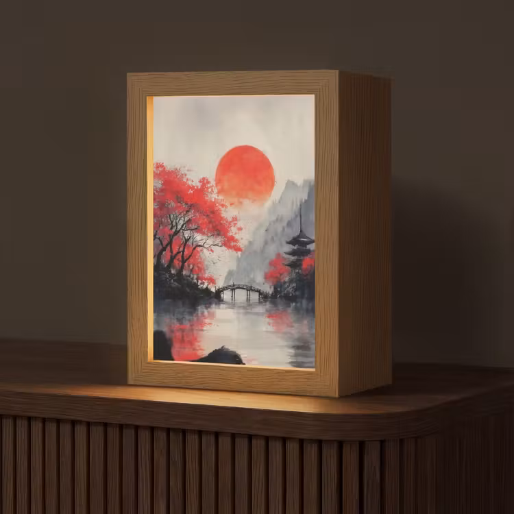 Rode zon - Rivier - brug - Bomen Light Box met kabel (Tafellamp) klein -z3d_website