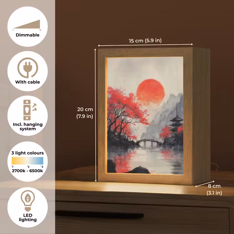 Rode zon - Rivier - brug - Bomen Light Box met kabel (Tafellamp) klein -USP_EN