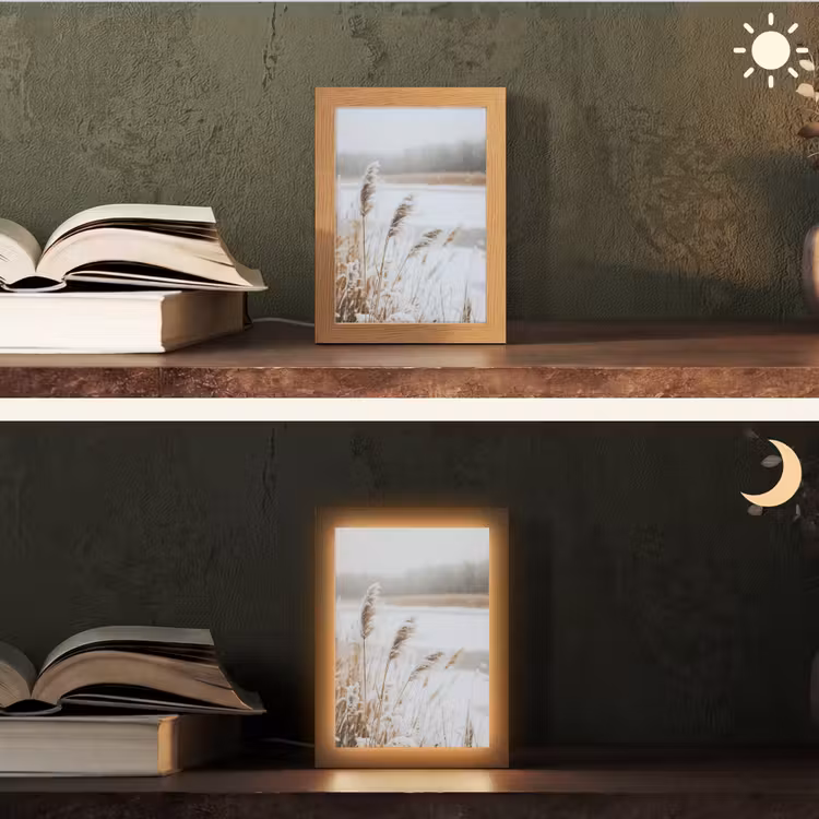 Riet - Meer - Winter - Natuur - Sneeuw - Beige Light Box met kabel (Tafellamp) klein -sfeer3
