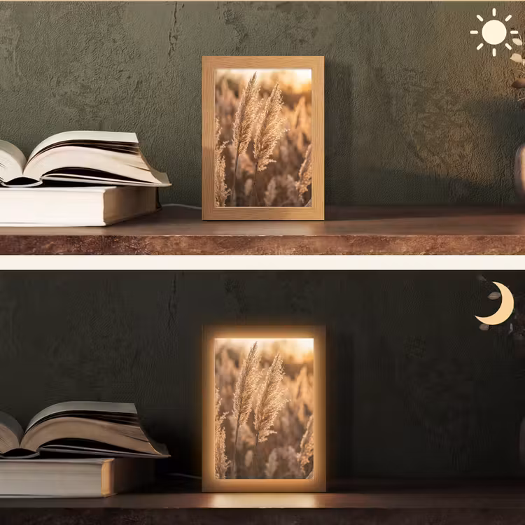 Rietpluimen - Gras - Zonsondergang - Goud - Serene Light Box met kabel (Tafellamp) klein -sfeer3