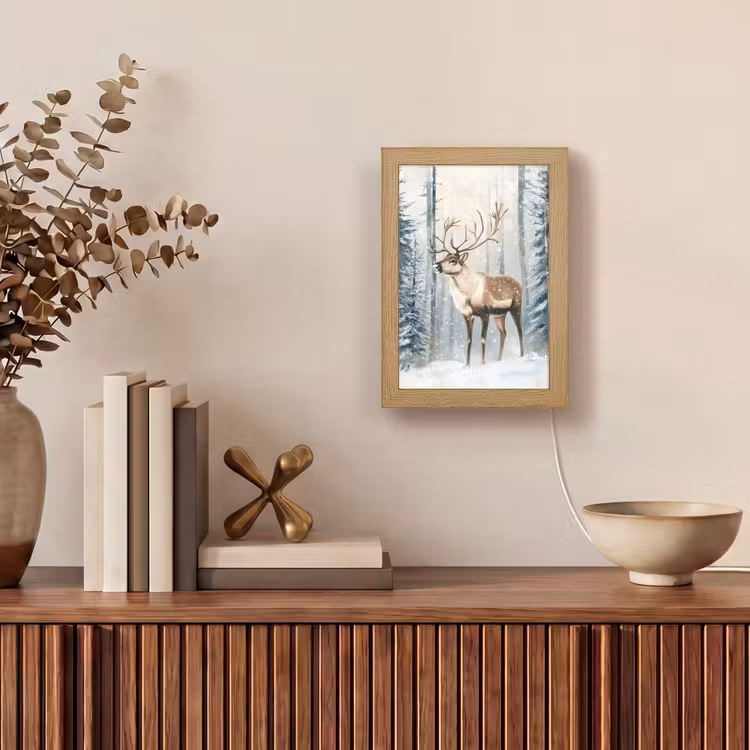 Rendier - Sneeuw - Woud - Wit Light Box met kabel (Tafellamp) klein -sfeer2