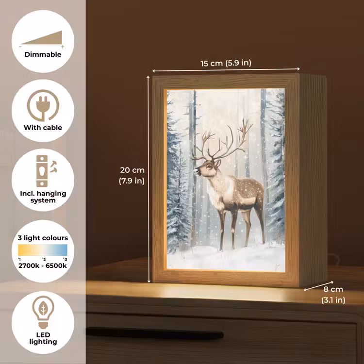 Rendier - Sneeuw - Woud - Wit Light Box met kabel (Tafellamp) klein -USP_EN