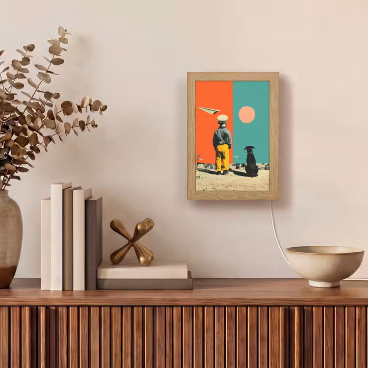 Retro - Jongen - Hond - Rood - Groen Light Box met kabel (Tafellamp) klein -sfeer2