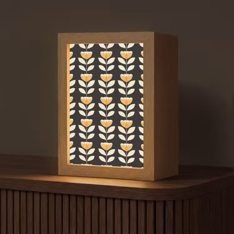 Retro - Bloem - Zwart - Okergeel Light Box met kabel (Tafellamp) klein 925 -z3d_website
