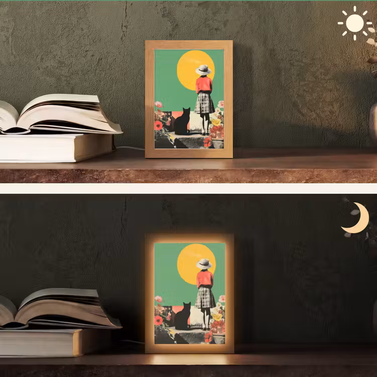 Retro - Meisje - Kat - Zon Light Box met kabel (Tafellamp) klein -sfeer3