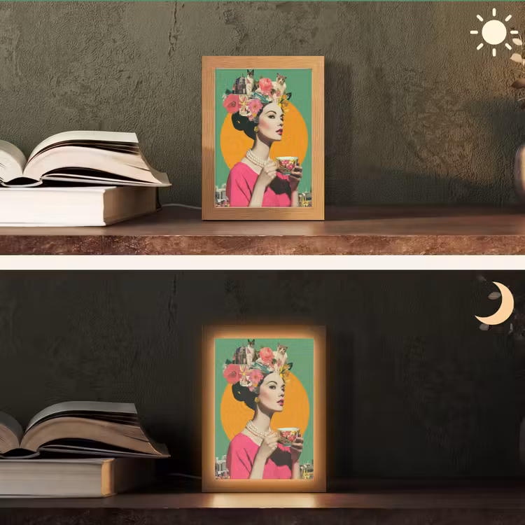 Retro - Vrouw - Stad - Zon Light Box met kabel (Tafellamp) klein -sfeer3