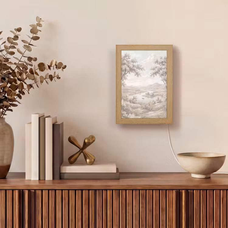 Rivierlandschap - Bergen - Natuur - Vintage - Beige Light Box met kabel (Tafellamp) klein -sfeer2