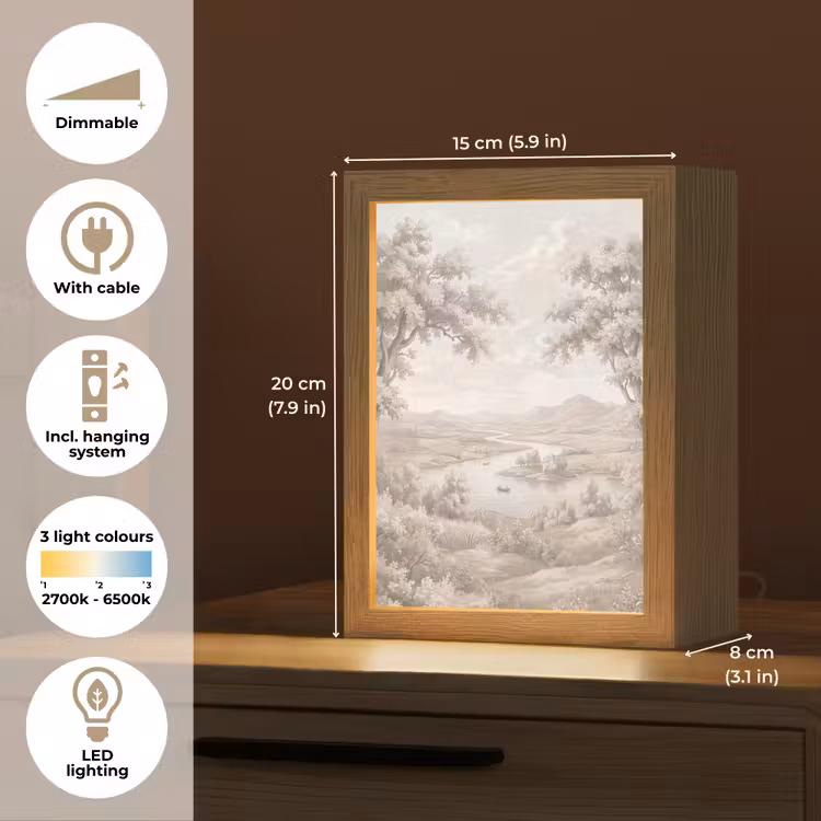 Rivierlandschap - Bergen - Natuur - Vintage - Beige Light Box met kabel (Tafellamp) klein -USP_EN