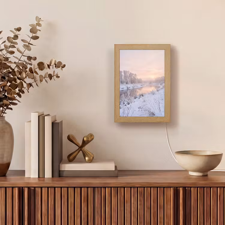 Rivier - Winter - Landschap - Sneeuw - Zonsopgang Light Box met kabel (Tafellamp) klein -sfeer2