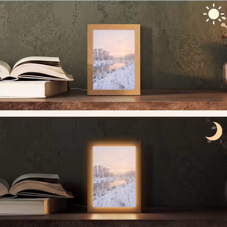 Rivier - Winter - Landschap - Sneeuw - Zonsopgang Light Box met kabel (Tafellamp) klein -sfeer3