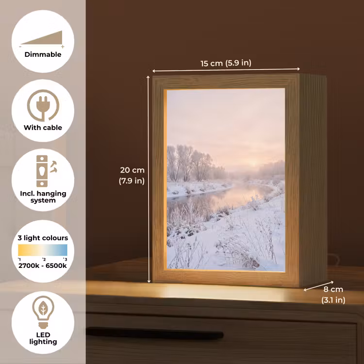 Rivier - Winter - Landschap - Sneeuw - Zonsopgang Light Box met kabel (Tafellamp) klein -USP_EN