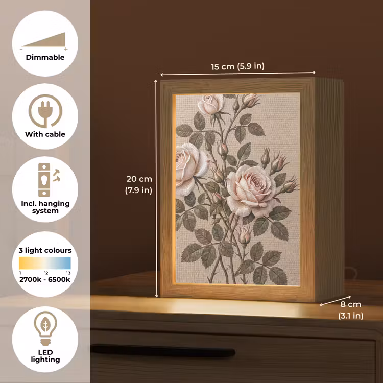 Roos - Mozaïek - Bloemen - Klassiek - Beige Light Box met kabel (Tafellamp) klein -USP_EN