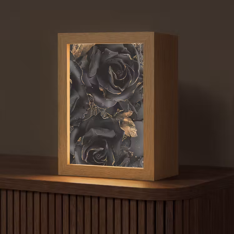 Rozen - Zwart - Bloemen - Goud Light Box met kabel (Tafellamp) klein -z3d_website
